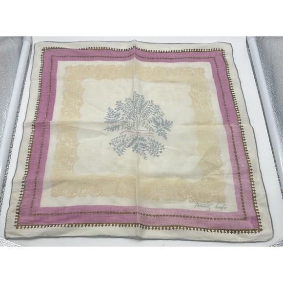 Vintage Hanky-Tammis Keefe-1950's- Handkerchief Dainty Lace Pattern Pink Gold - Picture 1 of 13